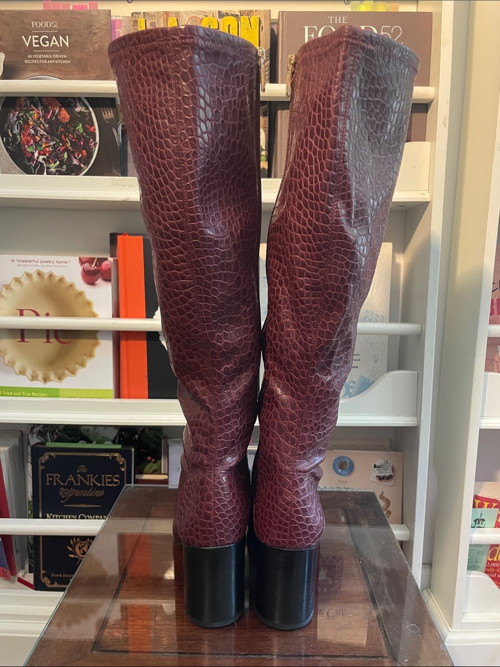 Croc-Embossed Tall Knee Boots in Deep Burgundy - Picture 4 of 12